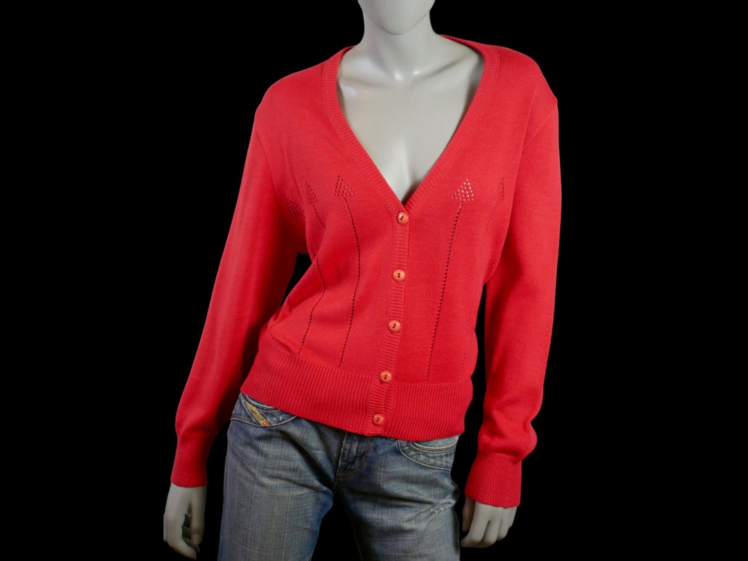 Vtg 80s Red Black White Floral Pattern Thick Heavy Knit Boxy Cardigan UK 12/14