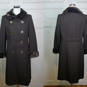 60 Vintage Mod Coat, Brown Wool Blend Overcoat with Faux Fur Collar and Cuffs, Size 8 US, 12 UK
