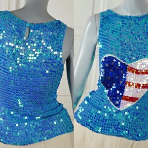 Vintage Sequin Blouse, Turquoise w Red White Blue Stylized American Flag Heart, Glittering Sleeveless Party Top: Size 6/8 US, 10/12 UK