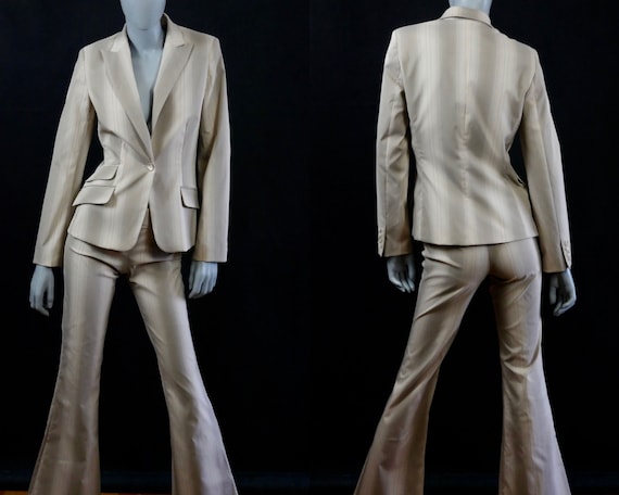 90s Pant Suit, Tan Striped Blazer and Pants Set, 1990s Clothing Women: Size  6 US, 10 UK 