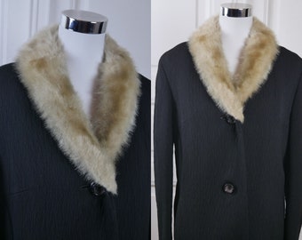 1960s Vintage Coat, Black Crimped Polyester with Crossover Shawl Blond Faux Fur Collar Overcoat: Size 12/14 US, Size 16/18 UK