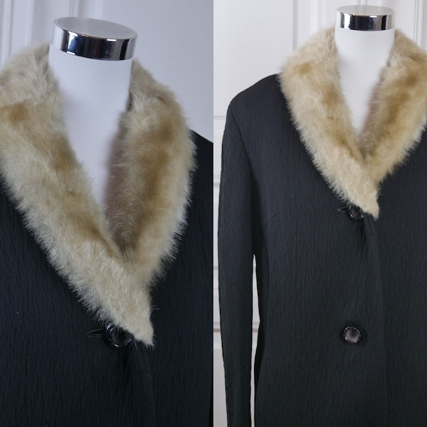 1960s Vintage Coat, Black Crimped Polyester with Crossover Shawl Blond Faux Fur Collar Overcoat: Size 12/14 US, Size 16/18 UK