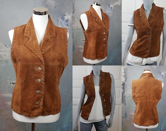 Brun mockaväst, medium damstorlek 8 till 10 USA, europeisk vintageväst i äkta läder från 1990-talet