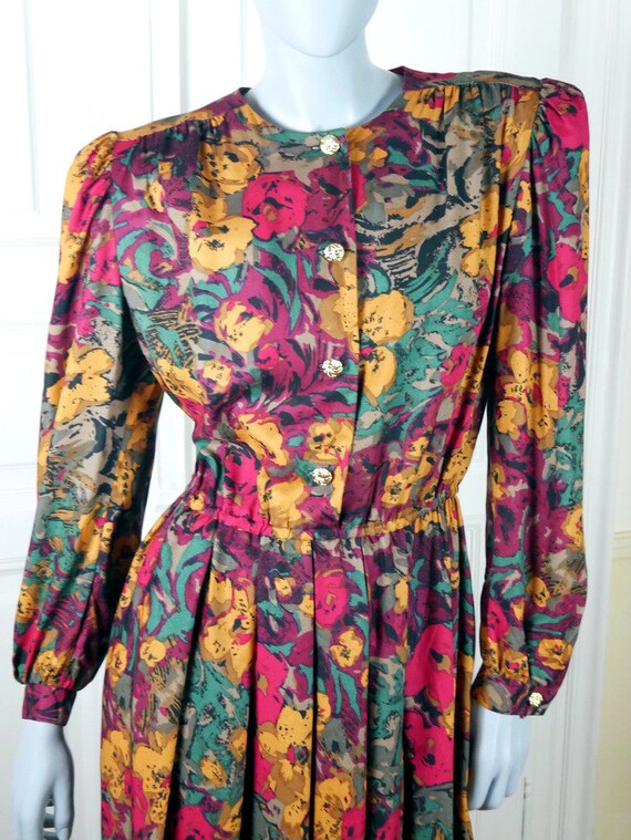 German Vintage Floral Geometric Cerise Pink Red Blue Purple Green Knee-Length Dress w Gold Buttons Size 10 US 90s Abstract Dress 14 UK