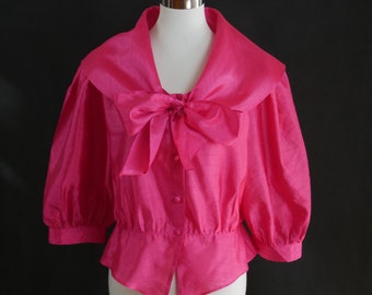 Hot Pink Blouse, 1980s Vintage Silk Feel Puff Sleeve Top, 80s Clothing Women: Size 12 US, 16 UK