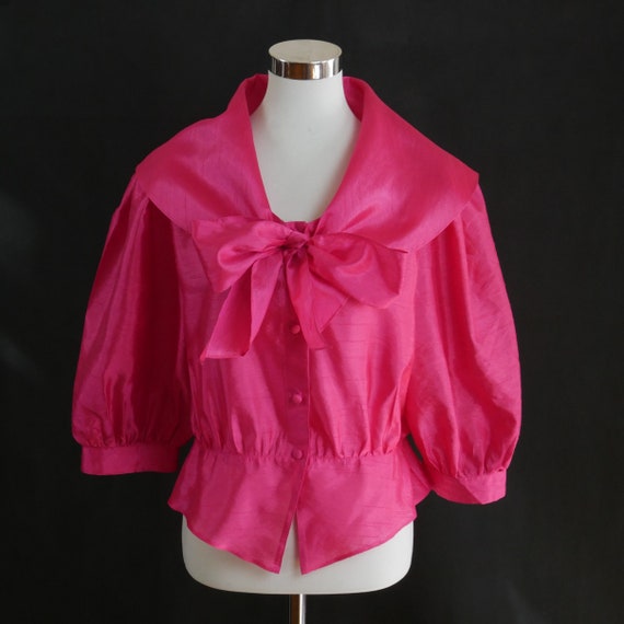 Hot Pink Blouse, 1980s Vintage Silk Feel Puff Sle… - image 1