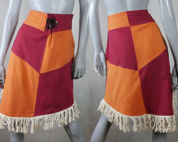 Asymmetrical Cotton Tweed Skirt, Orange and Red 8… - image 1
