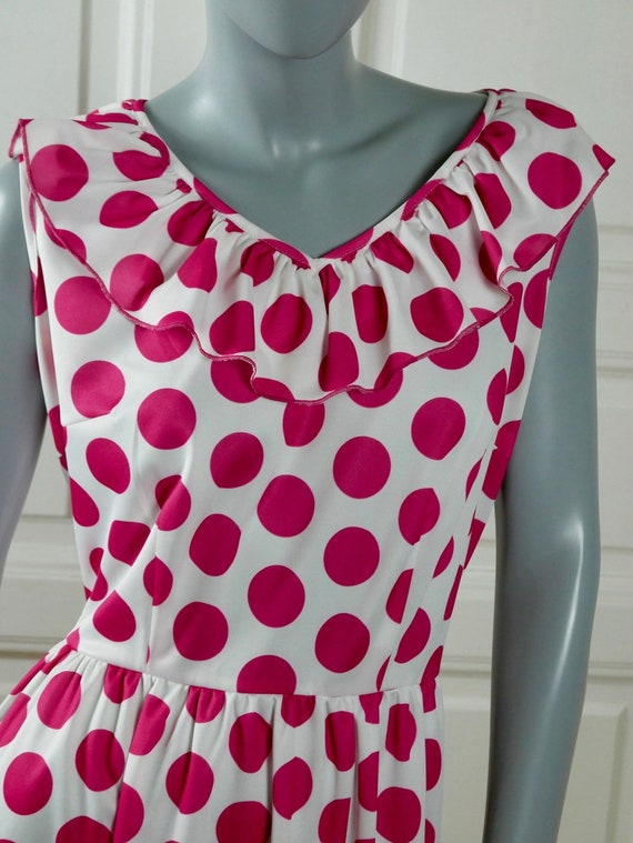 1970s Sleeveless Polka Dot Dress, White Ruffle Po… - image 4