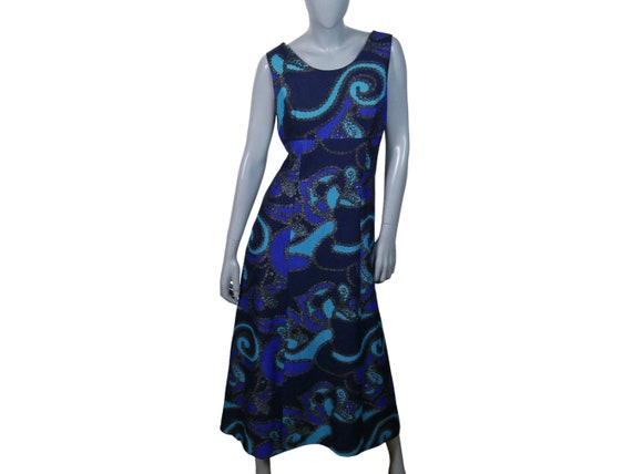 1960s Vintage Long Sleeveless Dress, Dark Blue Tu… - image 2