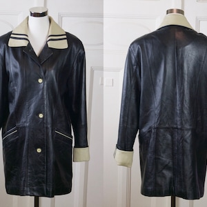 Vintage Black Leather Coat, 80s European Soft Lambskin Coat with Cream Collar, Size 14 US, 18 UK image 1