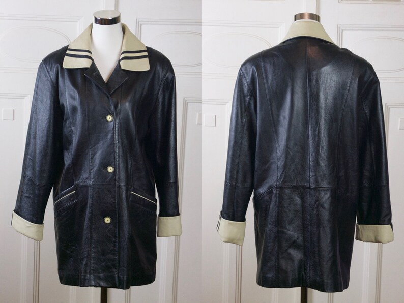 Vintage Black Leather Coat, 80s European Soft Lambskin Coat with Cream Collar, Size 14 US, 18 UK image 1