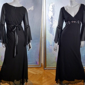 Long Black V-Neck Evening Gown, German Vintage with Sheer Sleeves and Silver Beading Accents: Size 10 US, 14 UK