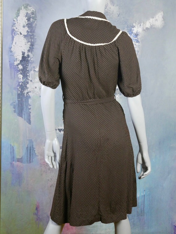 1970s Prairie Dress, Brown & Beige Polka Dot Swed… - image 6