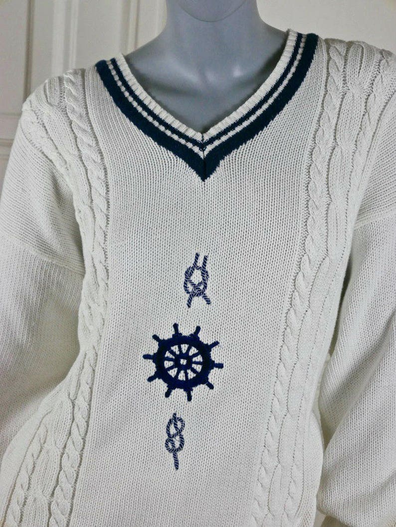 1618 UK Cable Knit Pullover Sweater: Size 1214 US Italian Vintage Nautical Sweater White Navy Blue Cotton Knit V-Neck Sailor Jumper