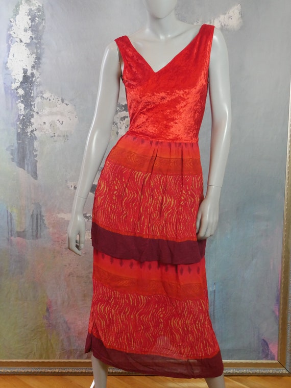 1990s Gypsy Dress, Burnt Orange Velvet Asymmetrical V… Gem