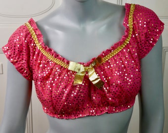 90s Crop Top, Hot Pink with Gold Glitter Dot Sequins and Bow: Size 6 USA US, 10 UK