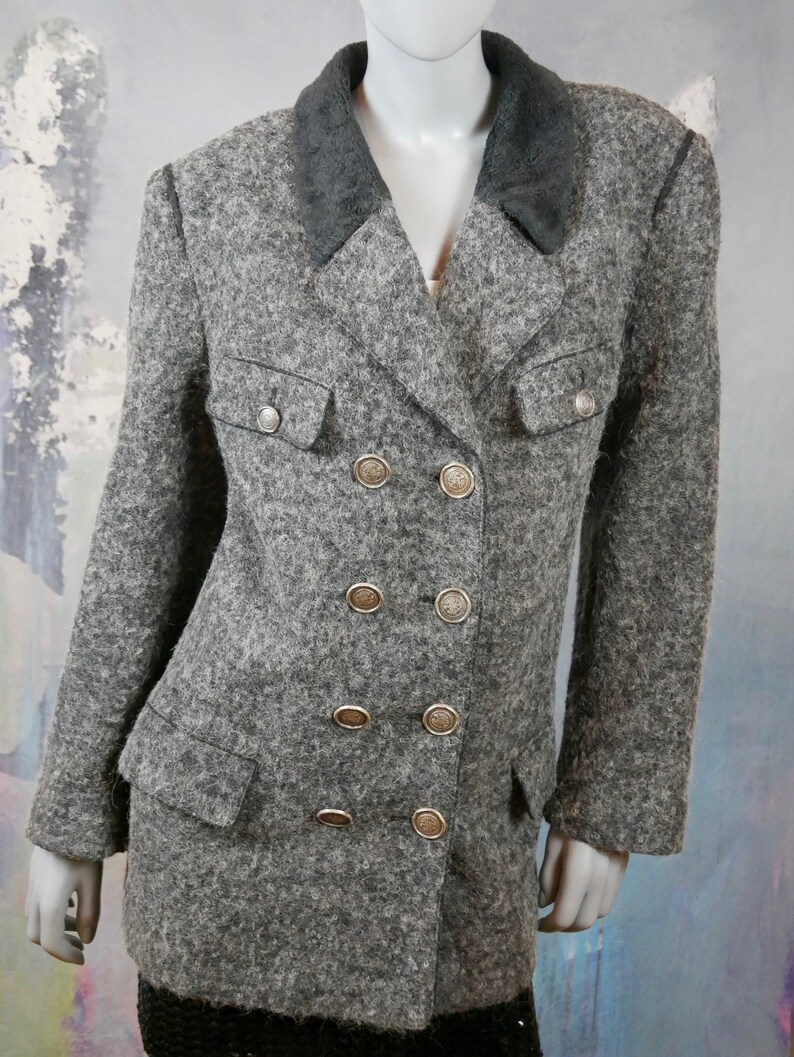 Size 14 US Austrian Vintage Trachten Double-Breasted Jacket 18 UK Gray Alpaca Jacket