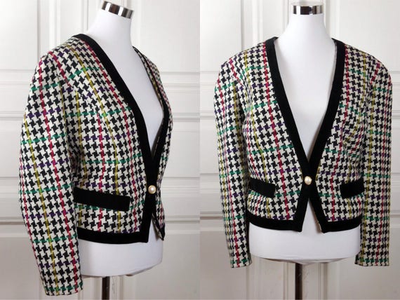 German Vintage Houndstooth Blazer, 1980s Black Whi