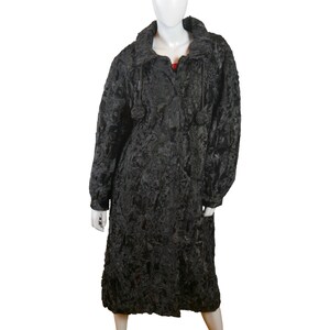 Black Karakul Fur Coat, 80s Swedish Vintage Genuine Astrakhan, Size Large, 12 to 14 USA