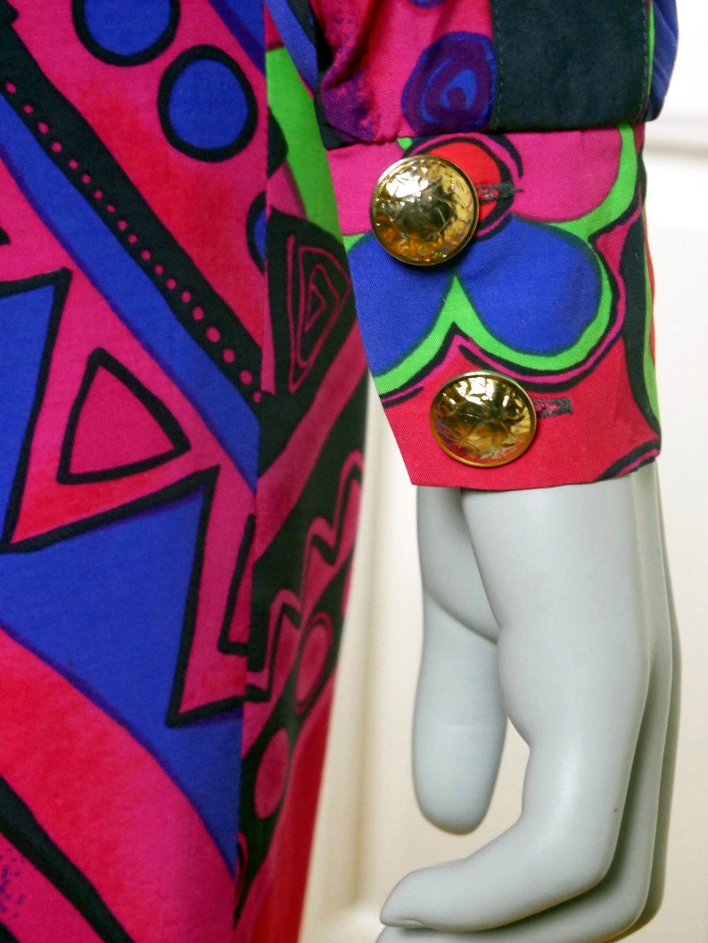 German Vintage Floral Geometric Cerise Pink Red Blue Purple Green Knee-Length Dress w Gold Buttons Size 10 US 90s Abstract Dress 14 UK