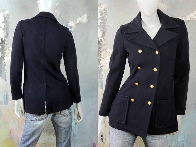 Size 6 US 1980s Swedish Vintage Peacoat Style Dark Navy Blue Double-Breasted Blazer Jacket with Gold Anchor Buttons 10 UK