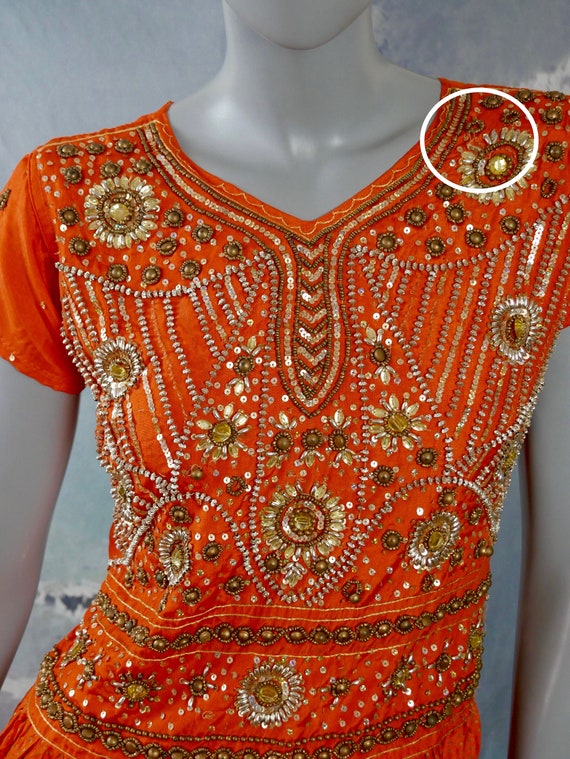 Orange Silk Dress w Jewel Sequin & Beaded Front, … - image 4