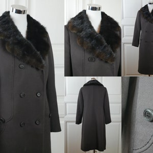 Manteau de laine brune des années 1960 avec collier de castor cisaillement, manteau d’hiver vintage européen à double poitrine : Taille 10 États-Unis, 14 Royaume-Uni