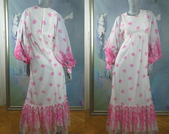 Années 1970 Boho Maxi, White Pink Floral Flowy Puff Sleeve Robe longue: Taille 6 US, 10 UK