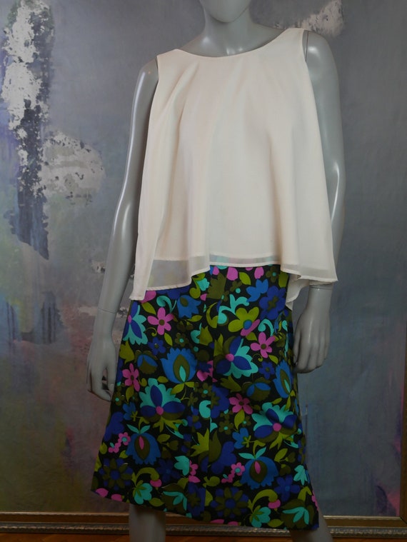 1970s Floral Skirt, Blue Pink Chartreuse Olive Tu… - image 4