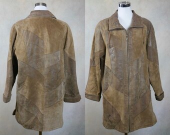 Tan Leather Coat, 90s Scandinavian Vintage Brushed Patchwork Leather Jacket, Size 14/16 US, 18/20 UK