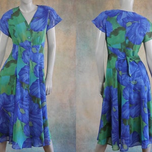 Vintage Floral Summer Dress, Blue and Green Flower Pattern Cap Sleeve 1990s Dress, 90s Clothing Women, Size 6 US, 10 UK