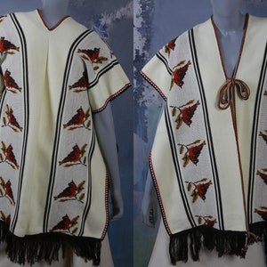 Knit Poncho, European Vintage Cream Colored Soft Wool Blend Poncho with Brown Fringe & Bird Pattern: Size12 US, 16 UK image 1