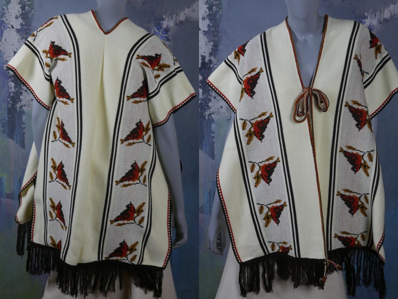 Knit Poncho, European Vintage Cream Colored Soft Wool Blend Poncho with Brown Fringe & Bird Pattern: Size12 US, 16 UK image 1