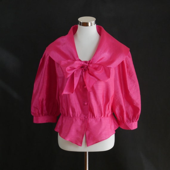 Hot Pink Blouse, 1980s Vintage Silk Feel Puff Sle… - image 2