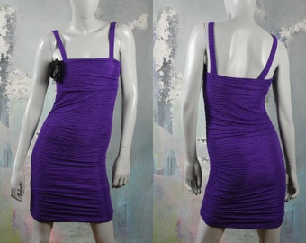 Purple Sleeveless Bodycon Dress, Early 1990s British Vintage Adjustable Hemline Scrunch Pleated Dress: Size 6 US, 10 UK