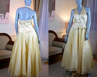 1990s Evening Dress, Yellow Satin Organza Sleeveless Backless Long Gown, Perfect Mother of the Bride Dress: Size 6 US, Size 10 UK