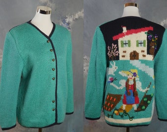Turquoise Cardigan Jacket, German Vintage Stocking Stitch Hand Knit Heavy Sweater with Gardening Woman on Back: Size 12 US, 16 UK