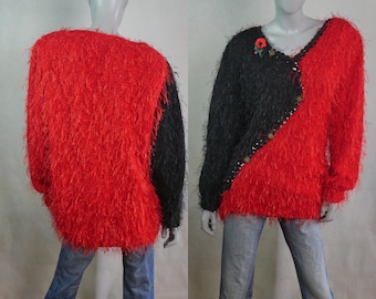 Extra Large 80s Sweater, Red and Black British Vintage Cotton Knit Fuzzy Pullover Jumper, Size 16 to 18 USA, 20 to 22 UK