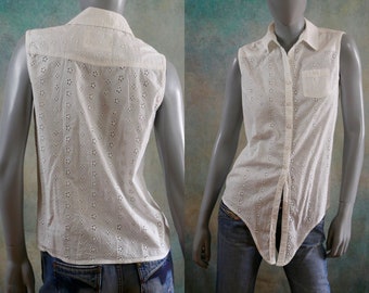 Sleeveless White Cotton Eyelet Blouse, 90s Clothing Women: Size 10 US, 14 UK