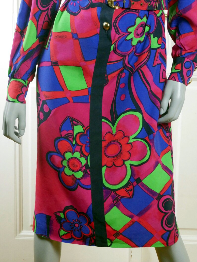 German Vintage Floral Geometric Cerise Pink Red Blue Purple Green Knee-Length Dress w Gold Buttons Size 10 US 90s Abstract Dress 14 UK
