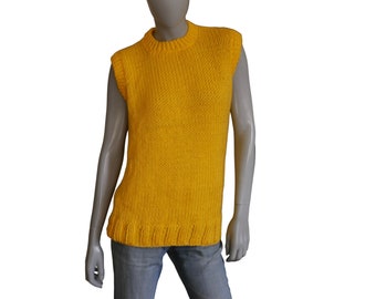 Yellow Knit Sweater Vest, black 70s Vintage Handmade Soft Wool, Size Large