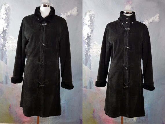 Black Suede Coat with Faux Fur Lining, 1980s European Vintage Genuine Leather Warm Winter Coat: Size 12 US, 16 UK