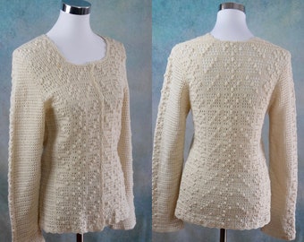 Cream Sweater, European Vintage Hand Knit Soft Wool Button Down Cardigan, Size Small, 4 to 6 US, 8 to 10 UK
