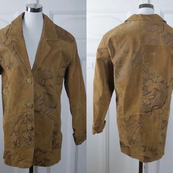 Tan Leather Jacket, Size 16 USA, 1980s German Vintage Blazer Style Coat with Black Ink Leaf Pattern