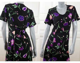 90s Summer Dress, British Vintage Black Short-Sleeve Dress with Peach and Purple Floral Pattern, Size 12 US, 16 UK