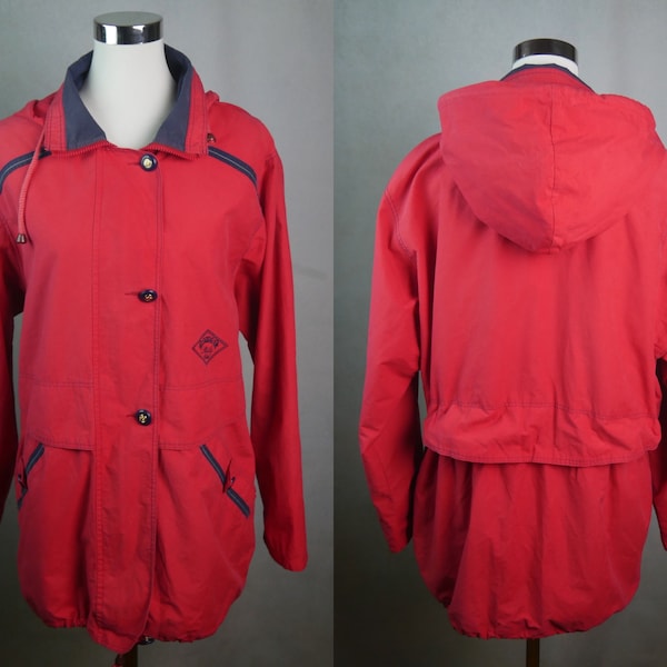 Imperméable rouge vintage des années 90, veste résistante à l'eau en mélange de coton européen avec capuche, taille grande, 14 à 16 USA, 18 à 20 UK