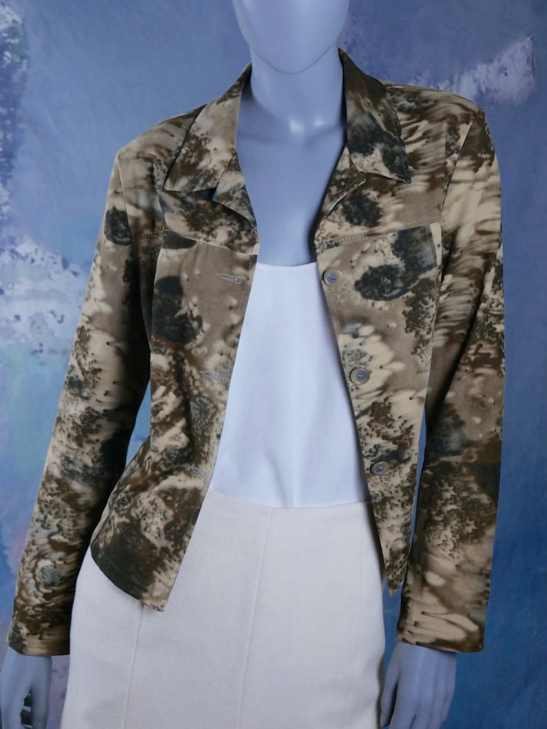 European Vintage Ann Miller Collection Top 12 UK Size 8 US Brown /& Beige Abstract Floral Fitted Blazer Shirt