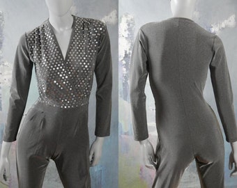 1970s Disco Jumpsuit, Silver Glitter and Sequin V Neckline Form-Fitting Bodycon Capri Length Romper: Size 6 US, 10 UK