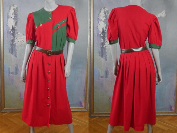 Rustic Country Dress, Red & Green Linen Cotton Ble