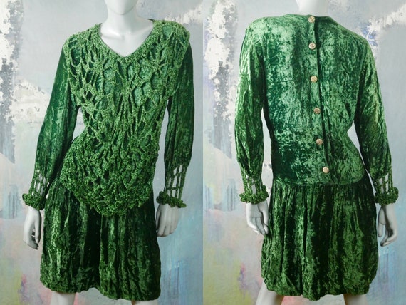 Green Crushed Velvet Dress, 1990s European Vintage
